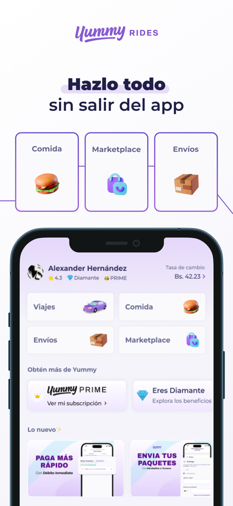 Yummy Rides - Viaja y Conduce - Yummy Rides app dashboard showing transportation food delivery and package shipping services