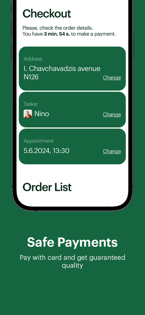 Checkout screen of the Profy app displaying address tasker and appointment details with a safe payment message