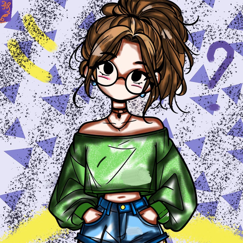 girl with a messy ponytail glasses a baggy crop top and jean shorts