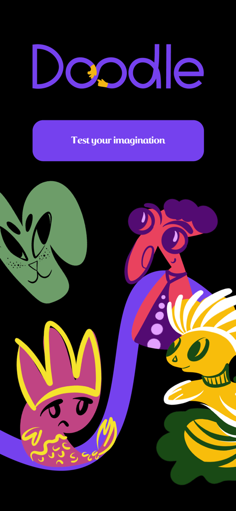 Doodle: Color, Draw & Sketch - Doodle drawing app intro screen with colorful cartoon characters and a test your imagination button