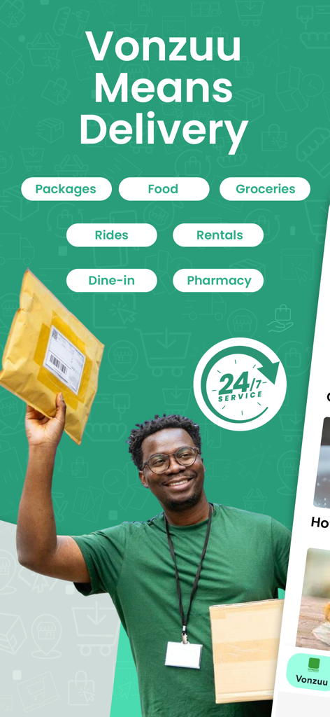 Vonzuu - Vonzuu app interface showing delivery services for packages food groceries and rides with a courier holding an envelope