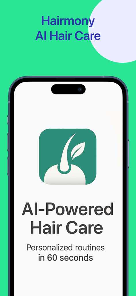 Hairmony app intro screen featuring AI powered hair care and personalized routines in 60 seconds.