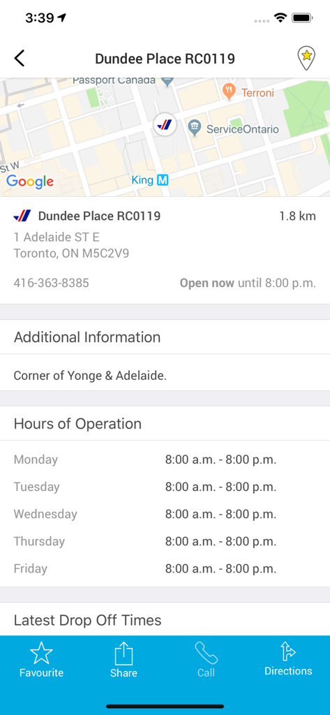 Purolator - Purolator mobile app interface showing shipping center location map and business hours