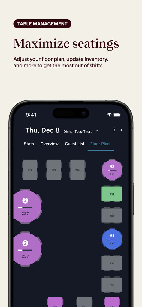OpenTable for Restaurants mobile app interface showing a digital floor plan with table statuses and seating management