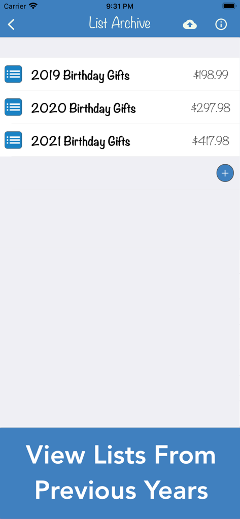 Birthday Countdown & Gift List - 이전 연도의 연간 지출을 보여주는 생일 선물 목록 보관함 스크린샷