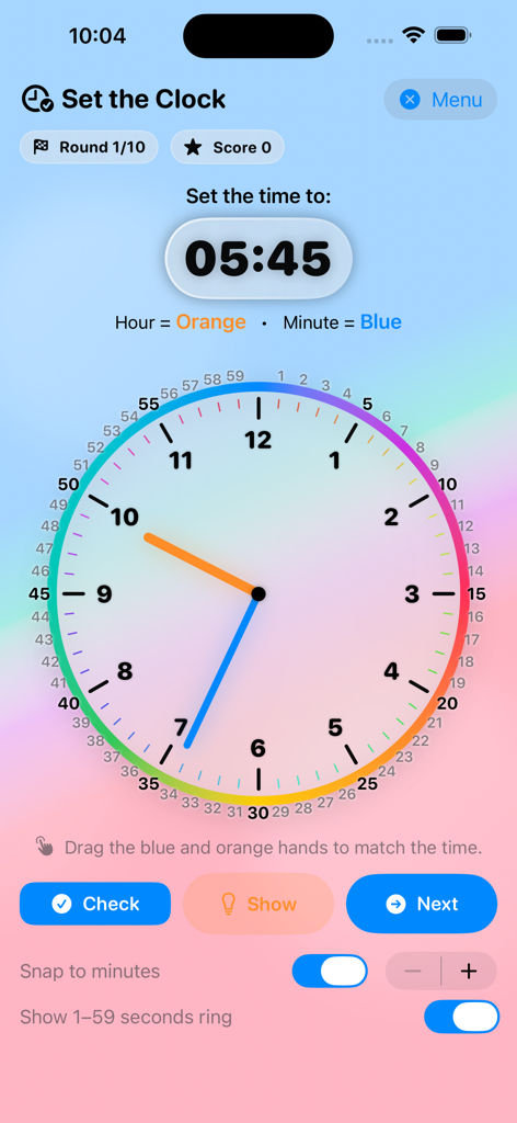 Clock Learning Hero - Interactive game screen from Clock Learning Hero app where kids drag analog clock hands to match a digital time.