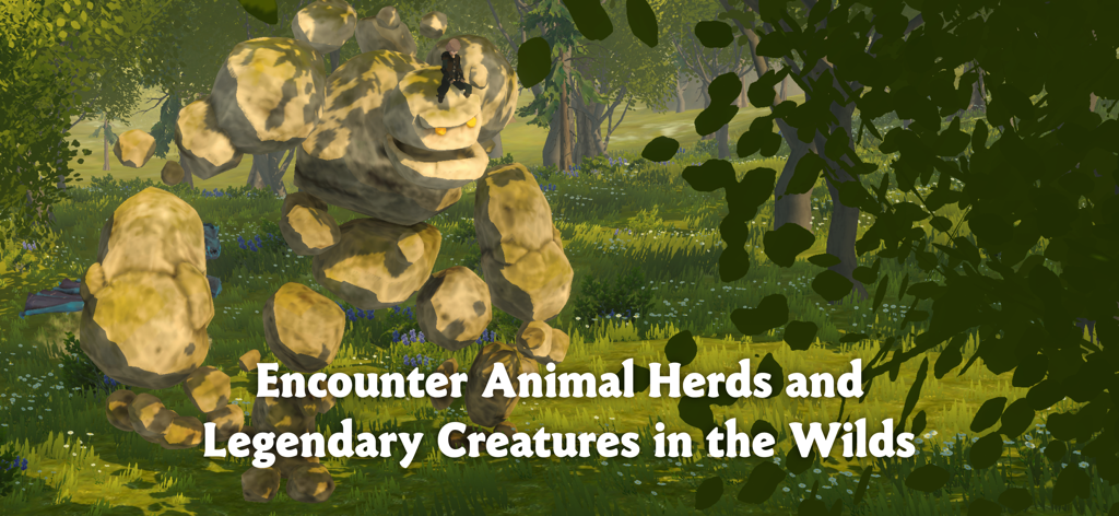 A character sitting on the shoulder of a giant rock creature in a lush forest field.