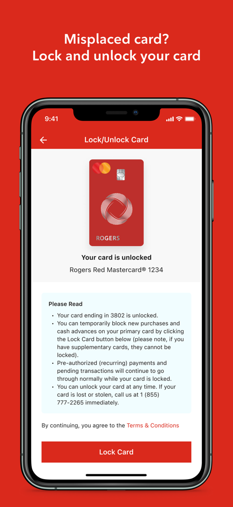 Interface do aplicativo Rogers Bank para bloquear ou desbloquear um cartão de crédito