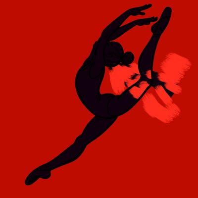 gymnast doing a leap in a leotard with a bent back leg