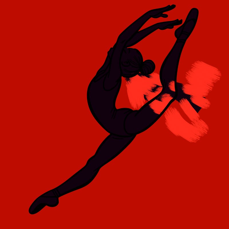 gymnast doing a leap in a leotard with a bent back leg