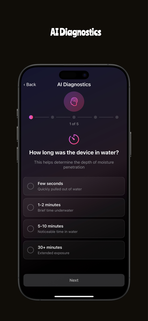 Get Water Out Of Phone: WaveAI - WaveAI app diagnostic screen asking how long the device was in water to assess moisture penetration