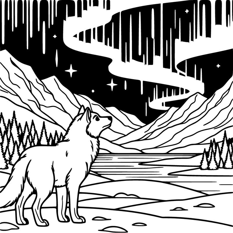 wolf looking at  northern lights