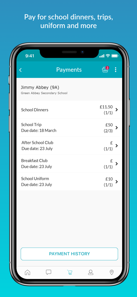 School Gateway - School Gateway app interface showing payments for school dinners trips and clubs