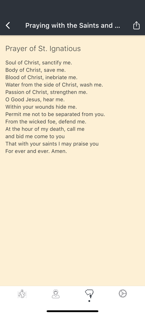 Oración de San Ignacio mostrada en la aplicación católica Evangelizo