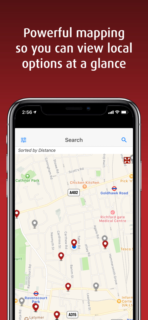 Hardens: Restaurant Guide - Hardens restaurant guide app interface showing a map of London with restaurant location pins sorted by distance