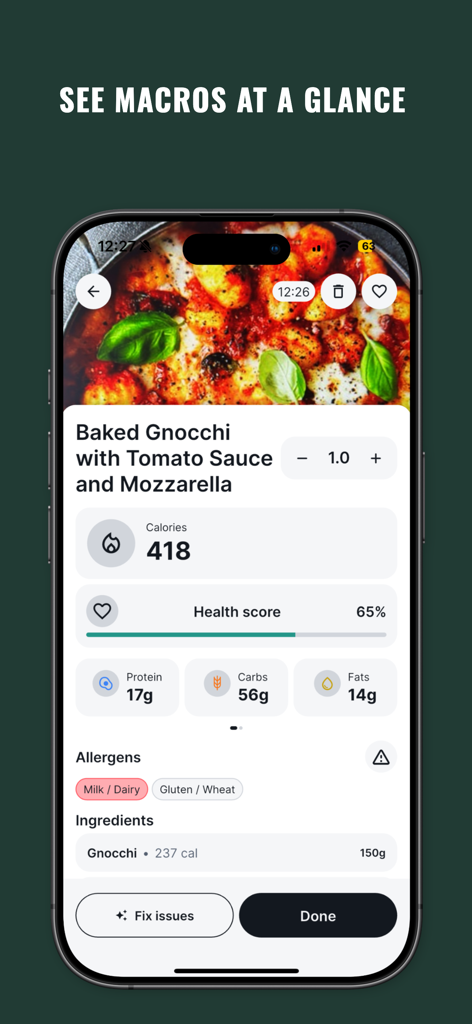 MealScan - Calorie Tracker - MealScan app interface showing calories macros and allergen warnings for a meal of baked gnocchi