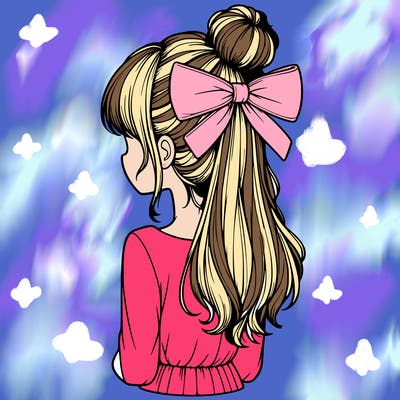 realistic girl  with hip length hair a bun and a big bow on the back of head