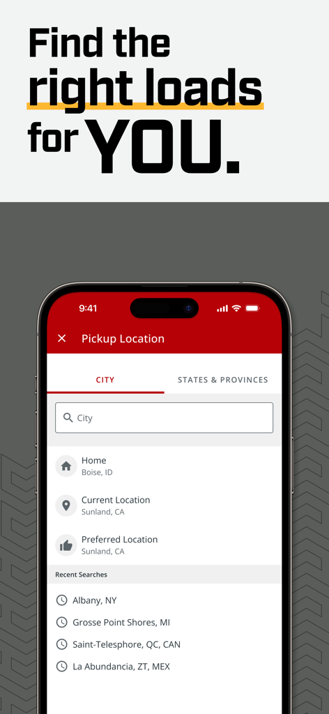 Truckstop Go - A mobile screen from the Truckstop Go app showing a pickup location search by city with recent search history and quick location options.