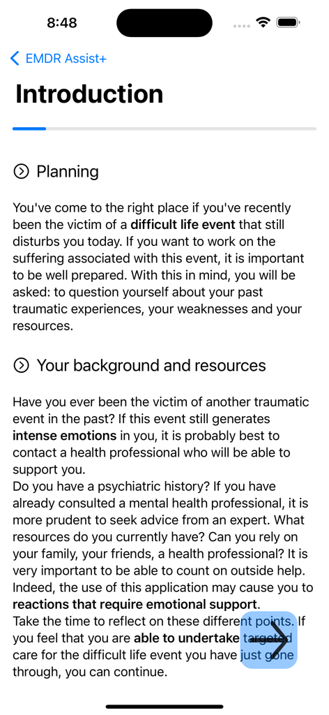 EMDR Assist+ - Tela de introdução do aplicativo EMDR Assist+ mostrando as seções de planejamento e avaliação de antecedentes para recuperação de trauma
