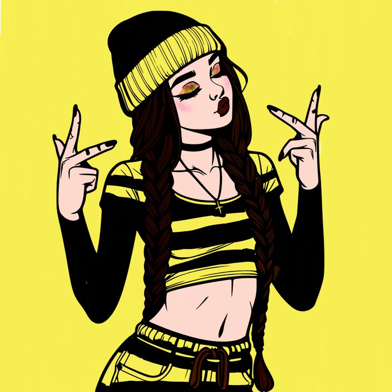 realistic teenage girl with braids and a beanie and crop top doing 🫶🏼