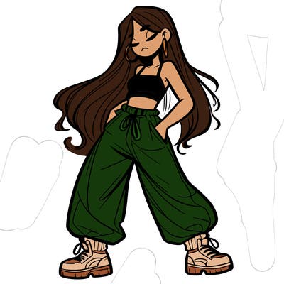 girl in baggy pants crop top and long hair
