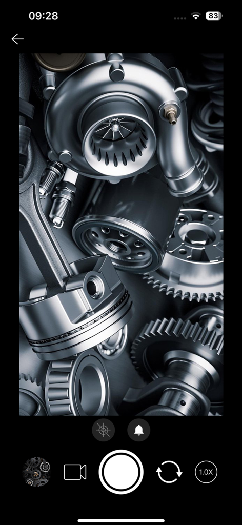 i-Camera - Interfaz de la aplicación i-Camera mostrando una vista detallada de inspección de partes mecánicas del motor como un turbocompresor y pistones