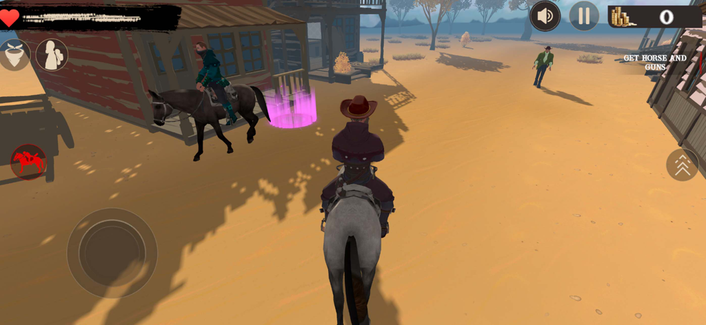 Outlaw Cowboy Wildland Life 3D - アウトローカウボーイ ワイルドライフ 3Dのゲームプレイシーンで、3D西部劇の町に白い馬に乗ったカウボーイがいる