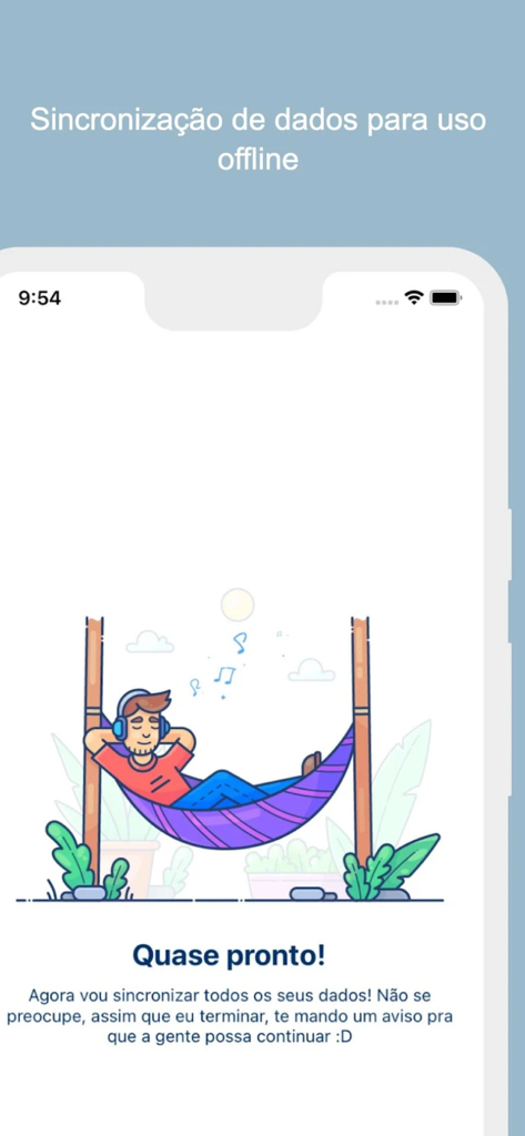 FW - Sales - Bildschirm zur Offline-Datensynchronisierung der FW - Sales App mit einer entspannenden Illustration und Fortschrittsmeldung