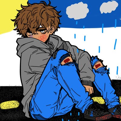 a male hoddie ripped jeans messy hair anime