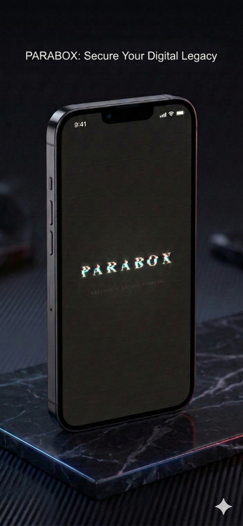 Pantalla de inicio de la aplicación Parabox en un iPhone mostrando el logo y el eslogan Asegura Tu Legado Digital