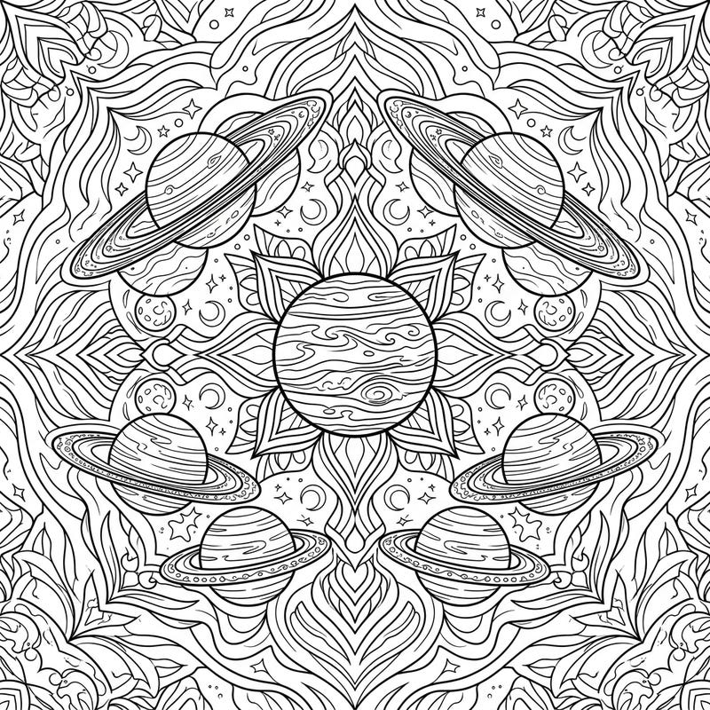 Embark on a cosmic coloring journey with this stunning Gas Giants Mandala. This intricate design combines the majesty of ringed planets with a mesmerizing symmetrical layout, inviting you to create your own vibrant universe.