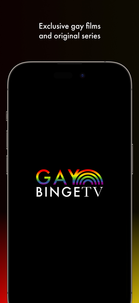 GayBingeTV - GayBingeTV app splash screen on a smartphone showing the rainbow logo and text about exclusive gay films and original series