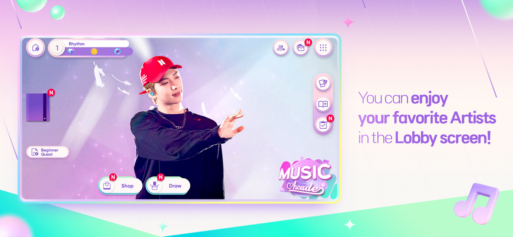 리듬 하이브 앱 로비 화면에 K팝 아티스트와 게임 탐색 메뉴가 표시됨.