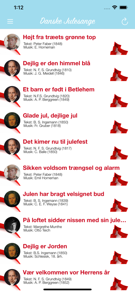 List of traditional Danish Christmas carols with lyrics and composer information in the app interface