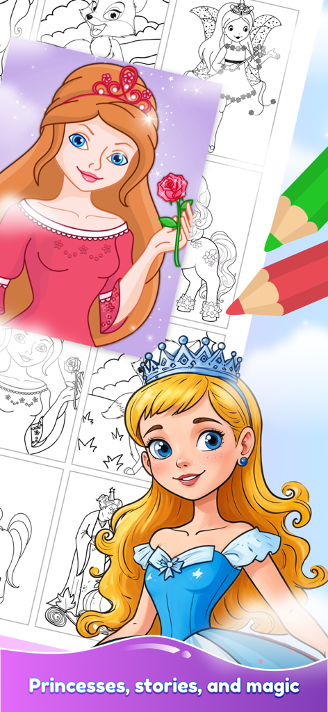 Drawing game for girls - Cartoon princesses in a digital coloring book for girls