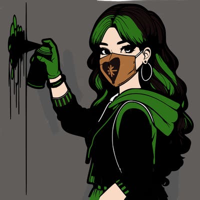 realistic girl with mask spray painting a wall