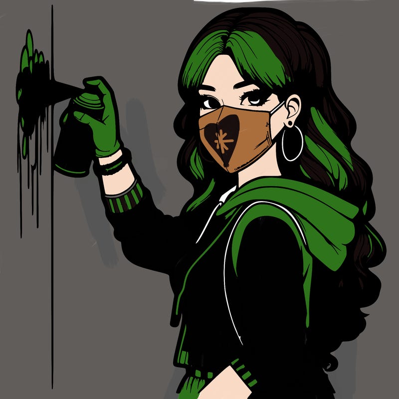 realistic girl with mask spray painting a wall