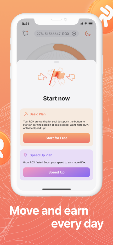 Robox Fit - Walk & Earn - Robox Fit mobile app interface showing the Start now screen with options for Basic and Speed Up plans to earn crypto rewards