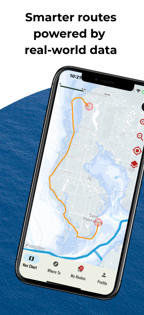 Ditch: Boat Navigation - Smartphone screen showing Ditch app with a smart boat route on a Florida map