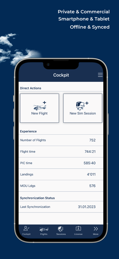capzlog.aero pilot logbook - Dashboard of the capzlog.aero pilot logbook app showing flight stats and experience totals