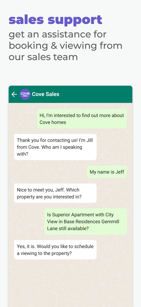 Cove: Co-living & Apartments - アパートの予約や内見のためのCoveアプリの営業サポートチャットインターフェースのスクリーンショット