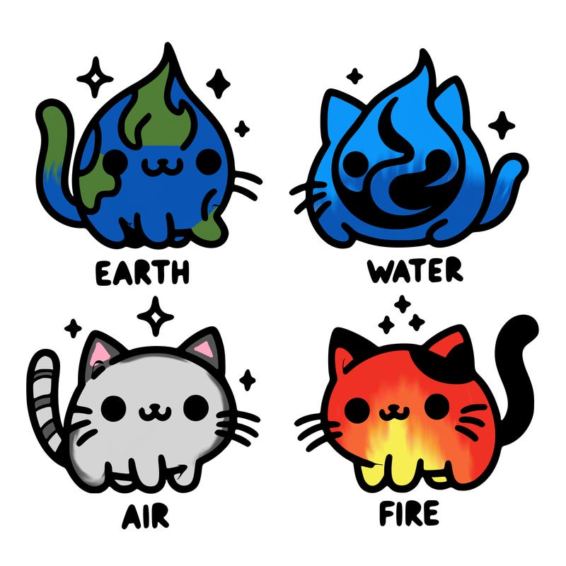4 cats that represent the different elements, earth, water, air, and fire