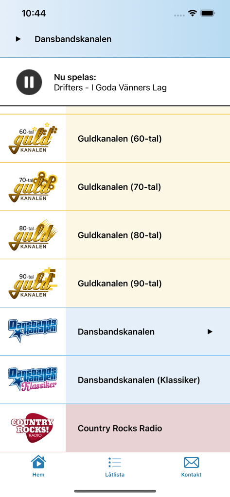 Dansbandskanalen - Smartphone screen showing the Dansbandskanalen app interface with a list of Swedish radio stations and current track information