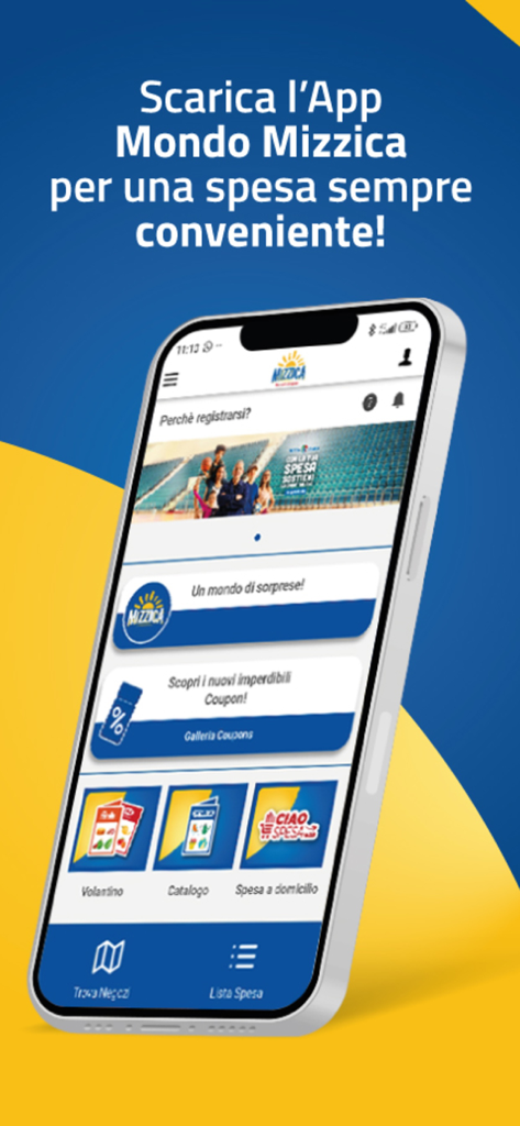 Mondo Mizzica - Smartphone che mostra la schermata principale dell'app Mondo Mizzica con coupon per la spesa e volantini digitali