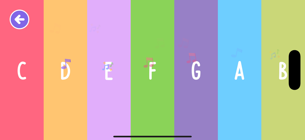 Lil rockstar: Kids Music Games - A colorful digital music interface for kids featuring vertical rainbow stripes labeled with musical notes C through B