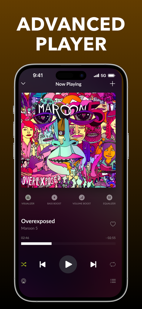 Equalizer Fx app showing an advanced music player with bass boost and visualizer options