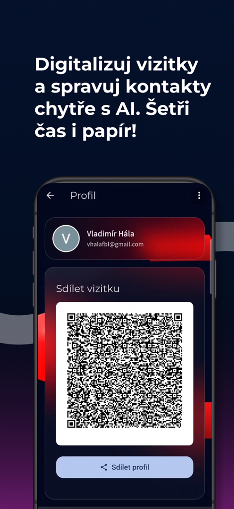 Linio - Linio mobile app profile screen showing a digital business card and a QR code for contact sharing