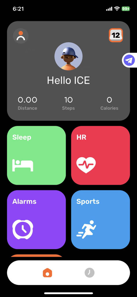 ICE JUNIOR - Main dashboard of the ICE JUNIOR app with colorful tiles for sleep heart rate alarms and sports