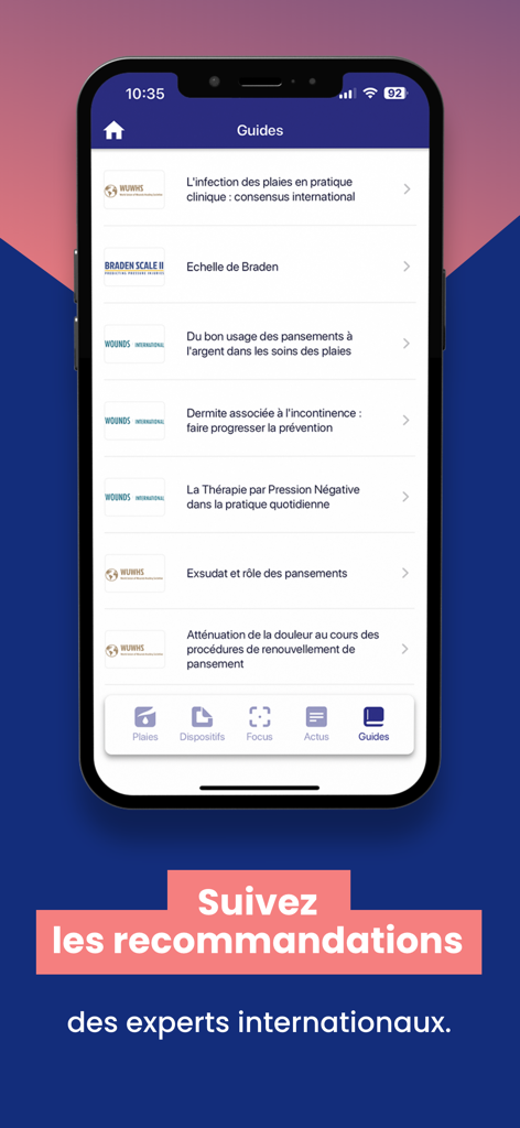L'interface de l'application ePassement affiche des guides médicaux et des recommandations pour le traitement des plaies.