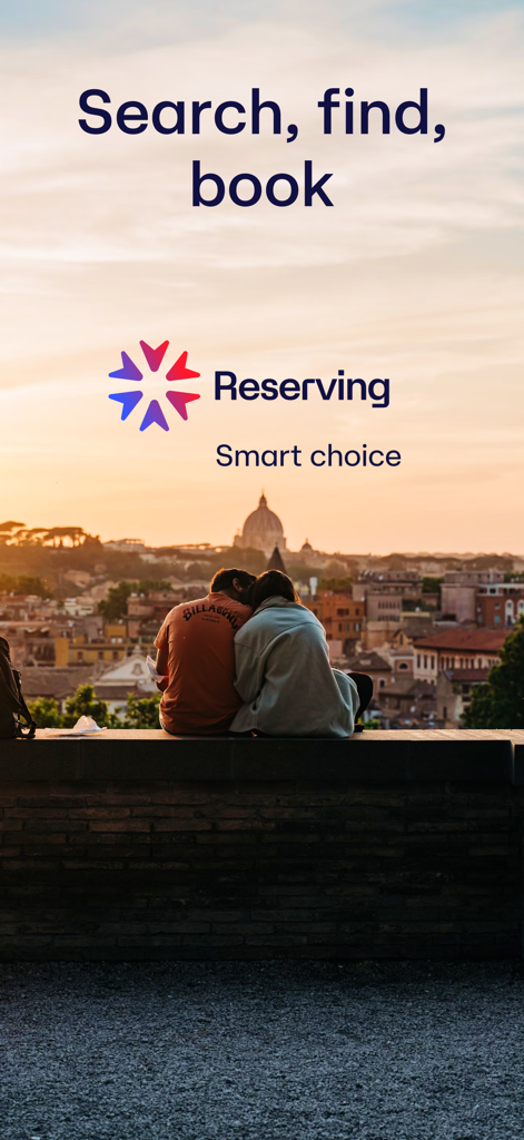Reserving - Écran de démarrage de l'application de voyage Reserving présentant un couple surplombant une ville et le slogan Rechercher trouver réserver